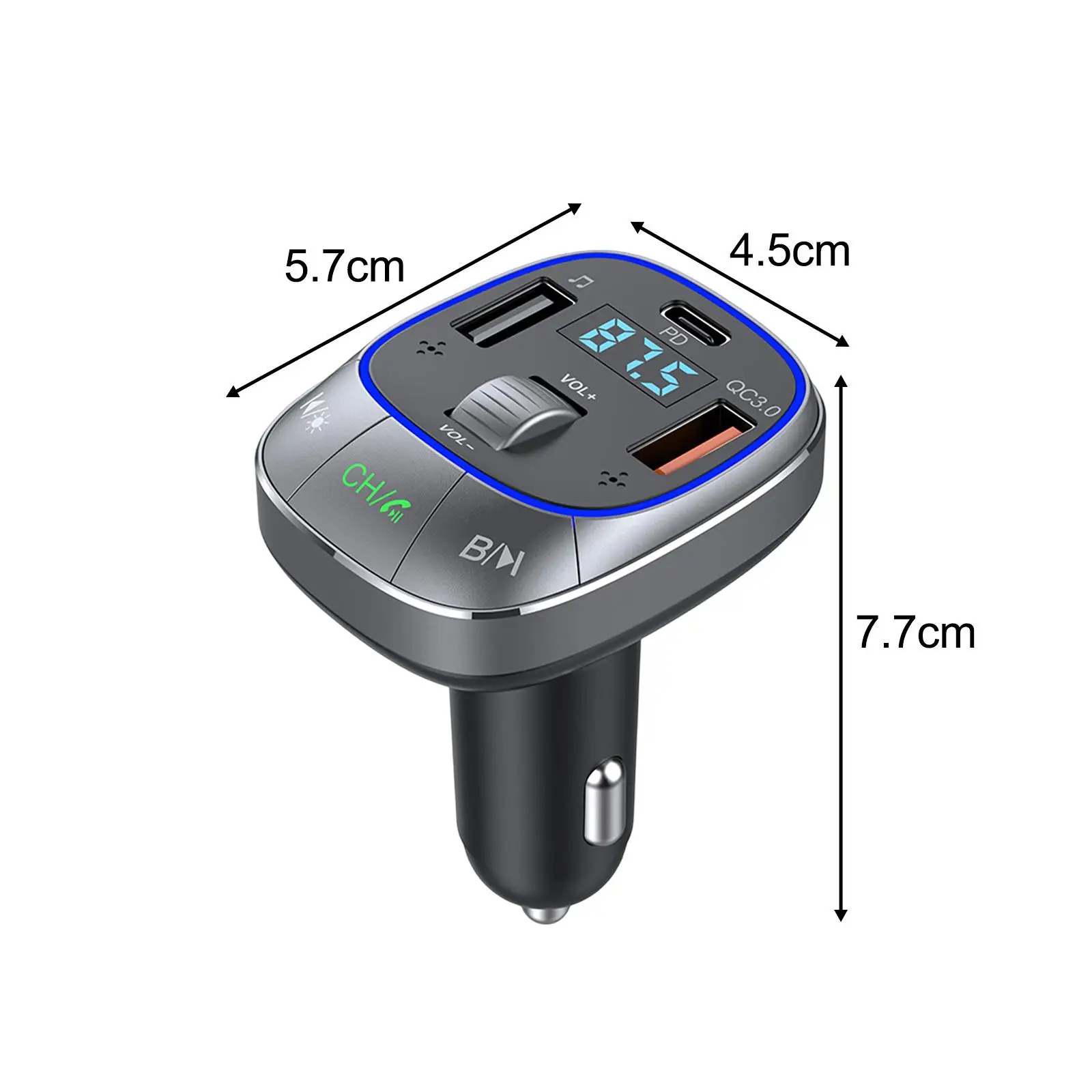 Bluetooth Car Adapter Hands Free Fast Charger 360 Degree Surround Sound PD 30W QC 3.0 Bass Boost FM Transmitter for Car V5.0