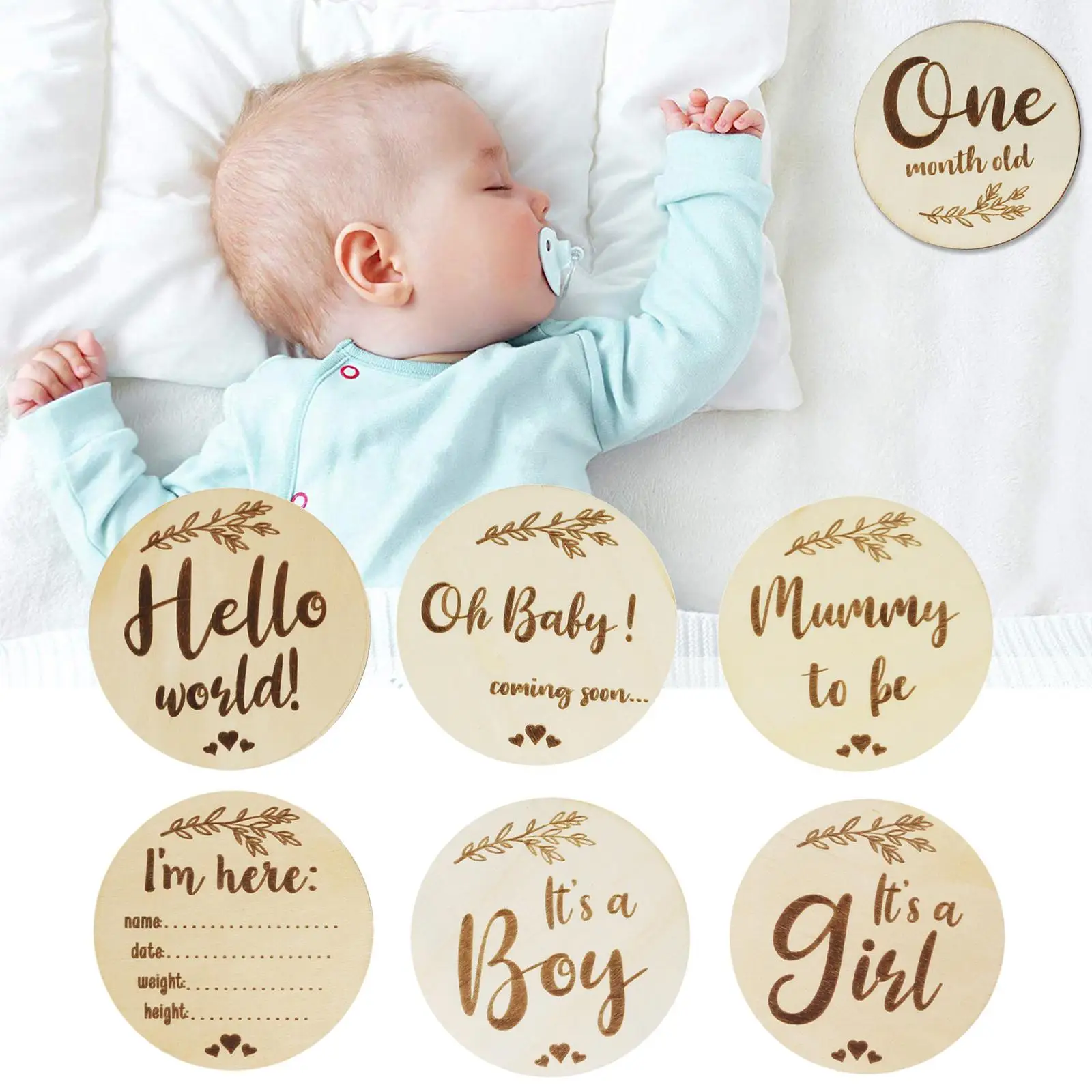 6Pcs Newborn Announcement Sign Month  Date Commemorative Baby Birth  Wooden Card for Photography Prop Nursery Baby Shower