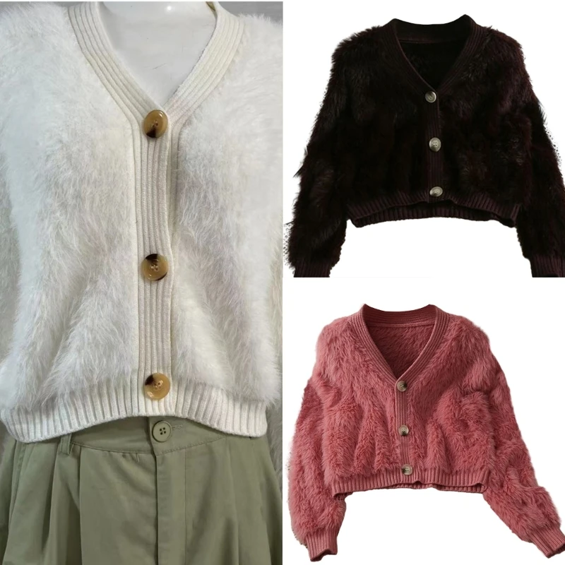 Cardigã curto imitação vison macio, suéter malha