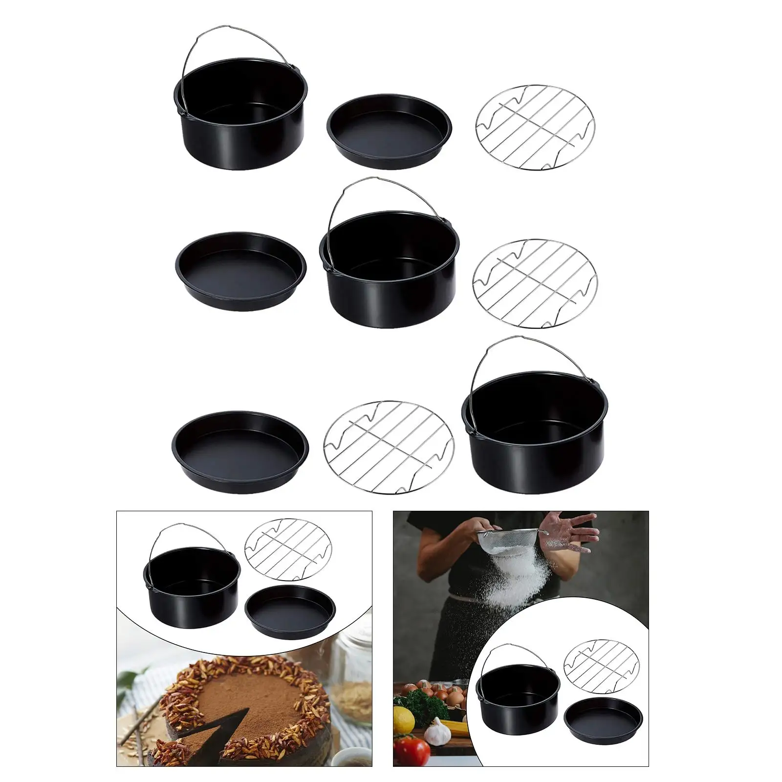3x Durable Air Fryer Accessories Non-Stick Grill Pizza Pan Cake Basket Skewer Rack for Household Cooking Baking Kitchen BBQ