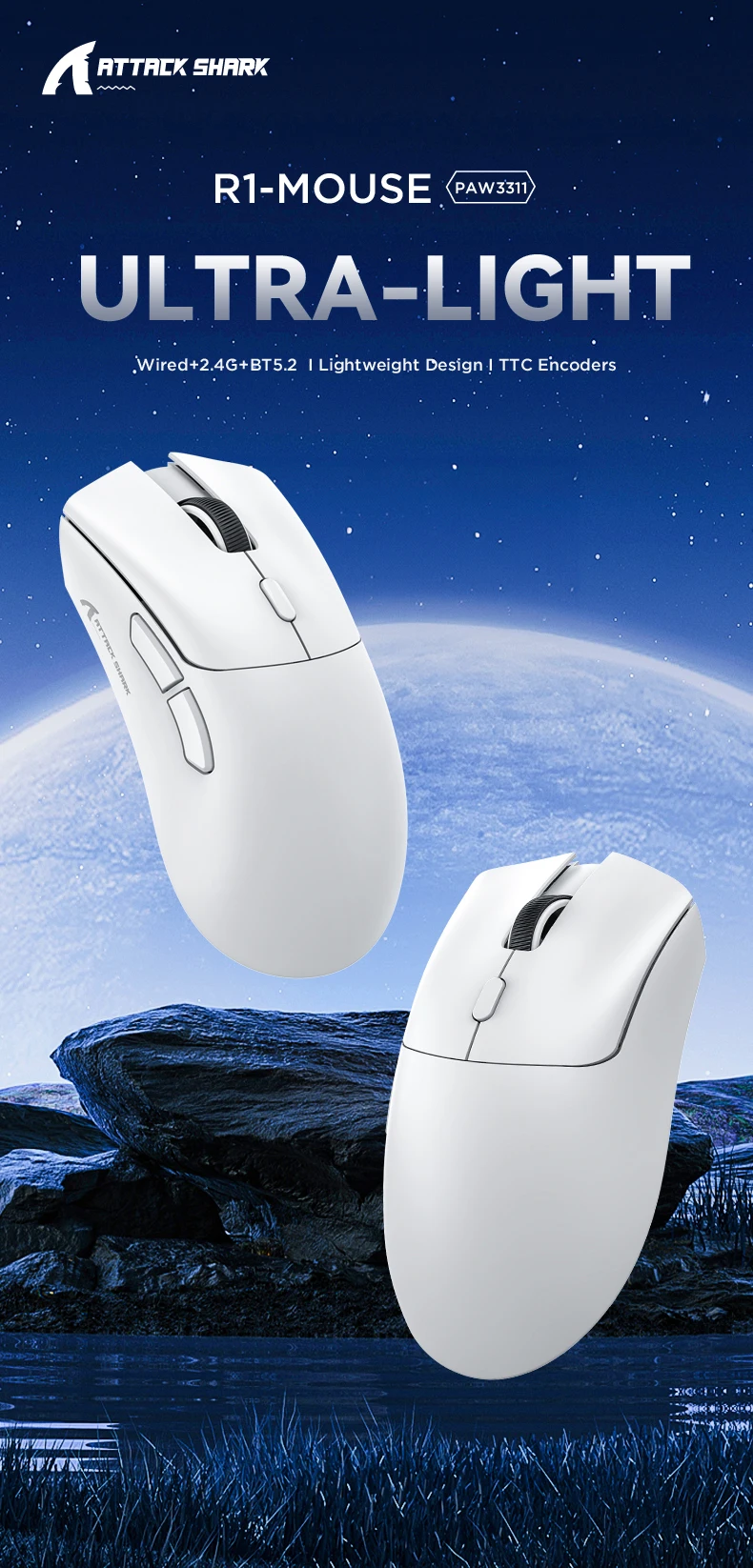 Attack Shark R1 – Souris Gaming Blanc Tri-mode Ultra-rapide 1000Hz