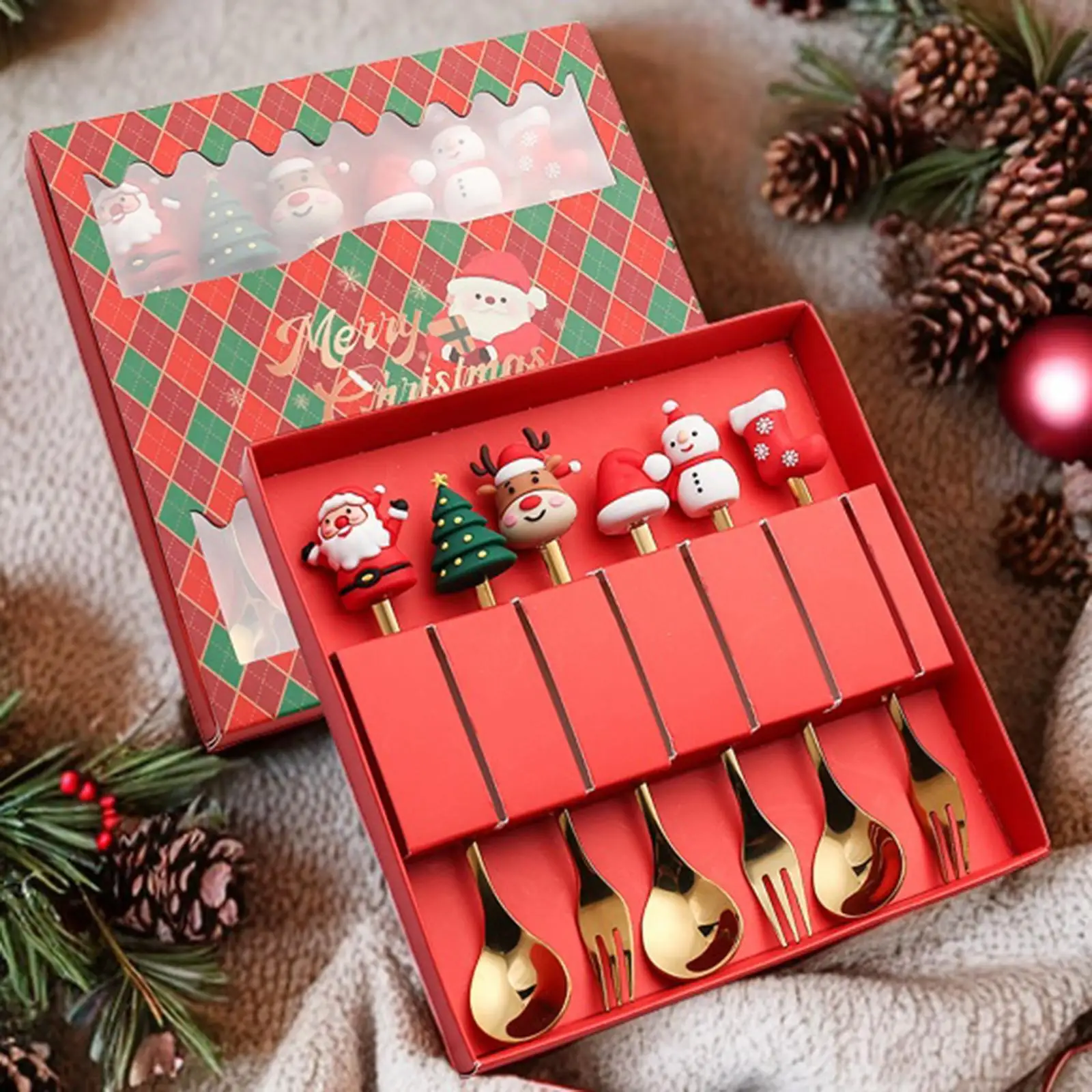 6 Pieces Christmas Spoons Forks Set Stainless Steel with Gift Box Flatware Cutlery Set for Daily Use Xmas Dessert