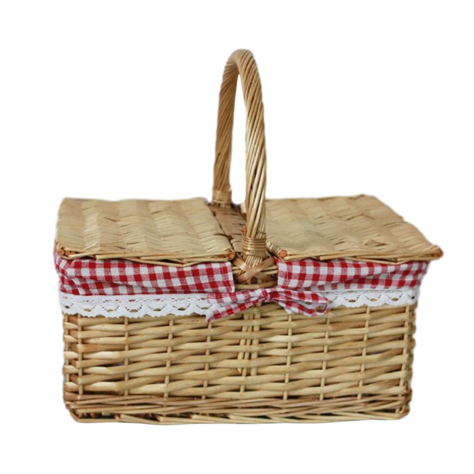 Wicker Picnic Basket Rattan Storage Serving Basket with Washable Plaids Liner Wicker Woven Basket for Park Outdoor Vegetables