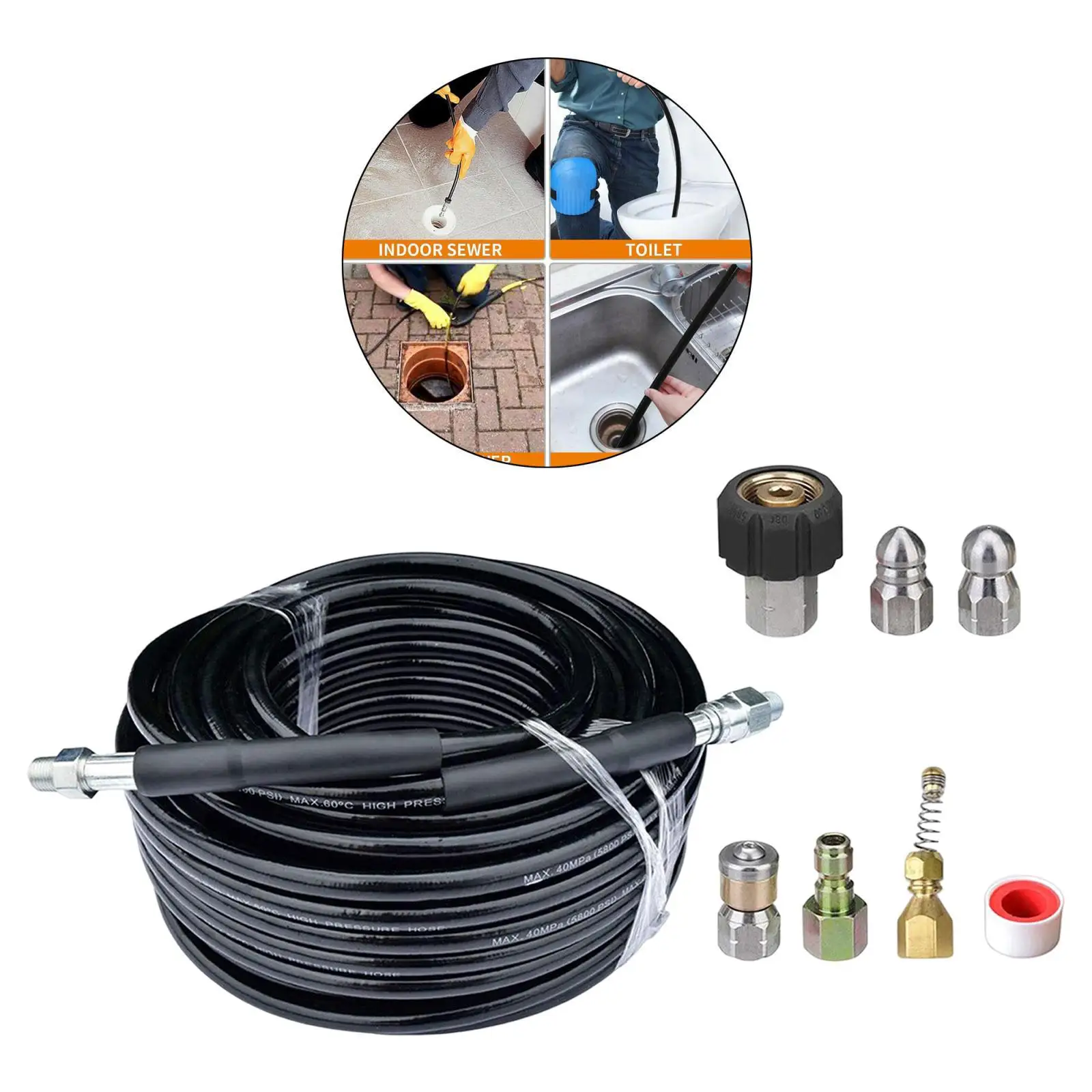 15M/50Ft High Pressure Washer Hose Lance with Washing Nozzle Drain Pipe Cleaning Hose Sewer Jetter set