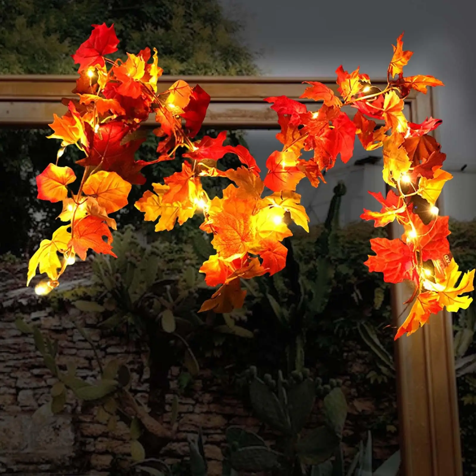 Fall Garland Maple Leaf with LED String Lights for Thanksgiving garden
