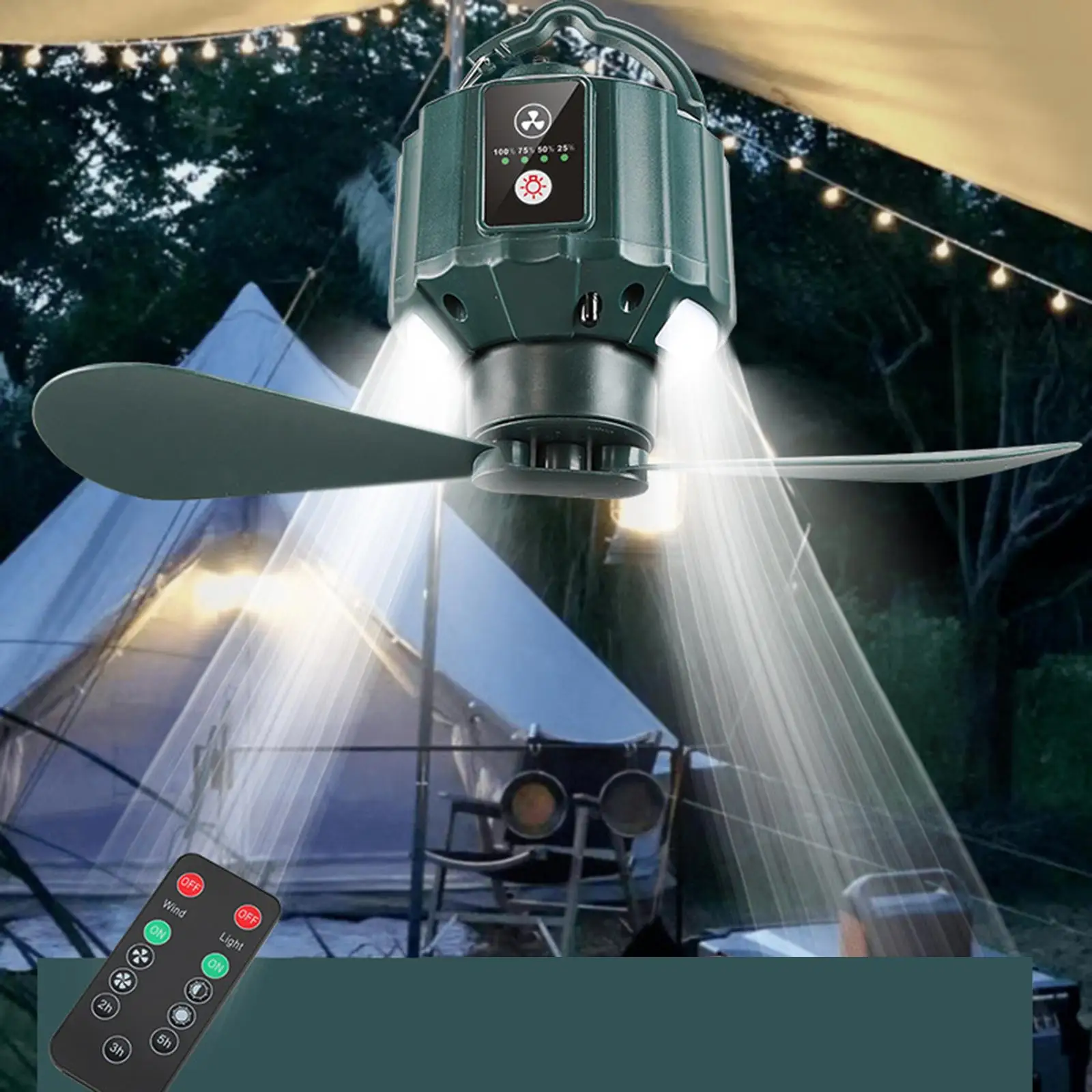 Portable Camping Fan with LED Lantern Removable with Remote 3 Speeds