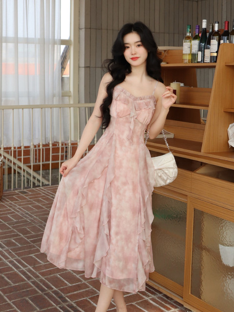 Pink Print French Strap Dress Women Chiffon Elegant Evening