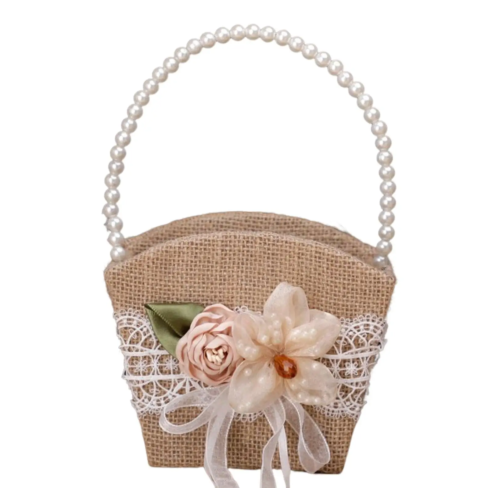 Burlap Flower Basket pearl Handle , Lace Satin Rustic Ribbon for Wedding Ceremony Home Parties