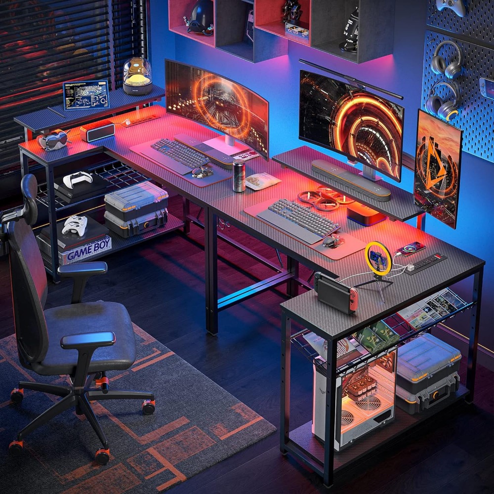 Description Picture 5 of itemSmall Gaming Desk With Power Outlets 42 L Shaped LED Computer Desk With Monitor Stand Reversible Storage Shelves Furniture Desks