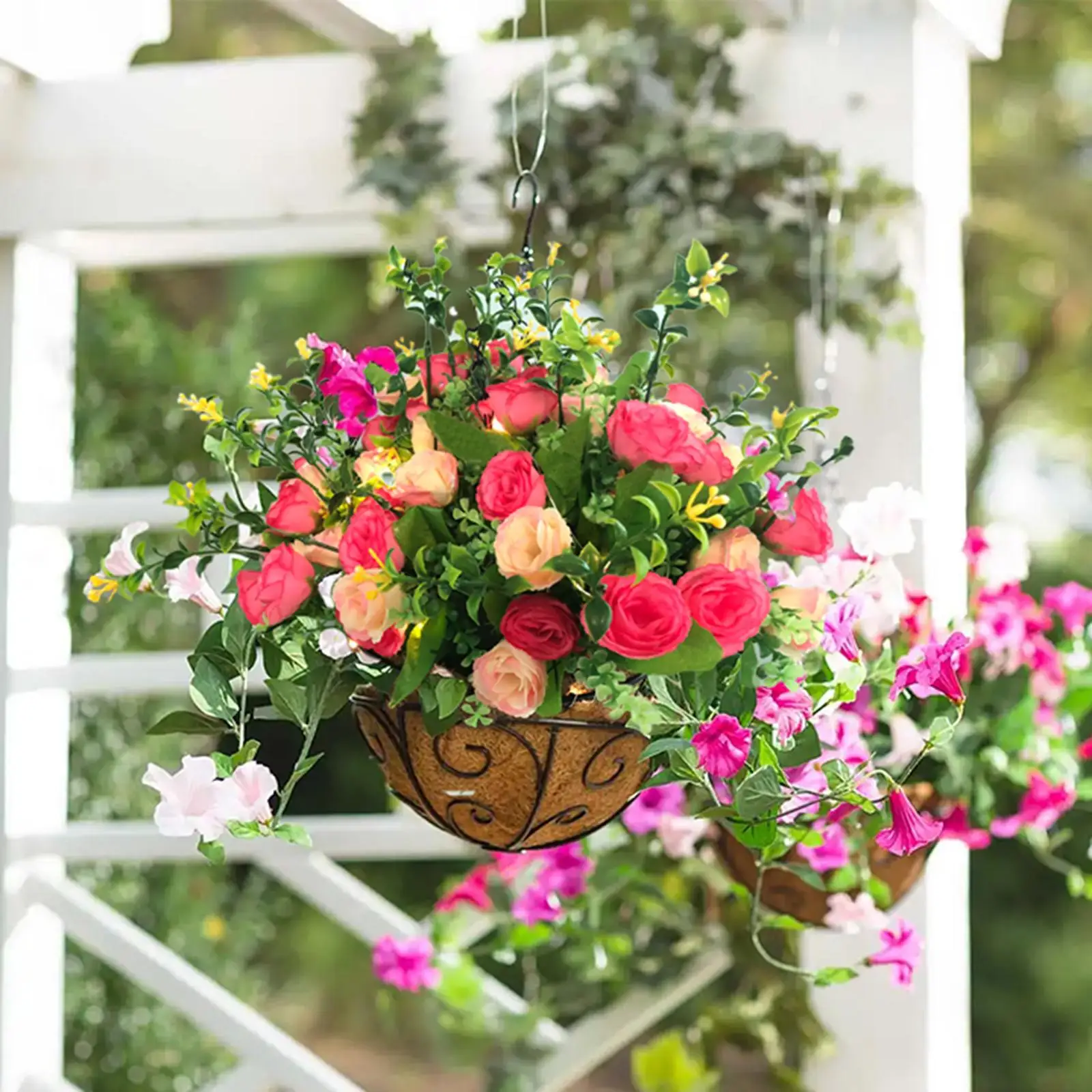 Hanging Basket with Artificial Silk Flower for Outdoor/Indoor Decor