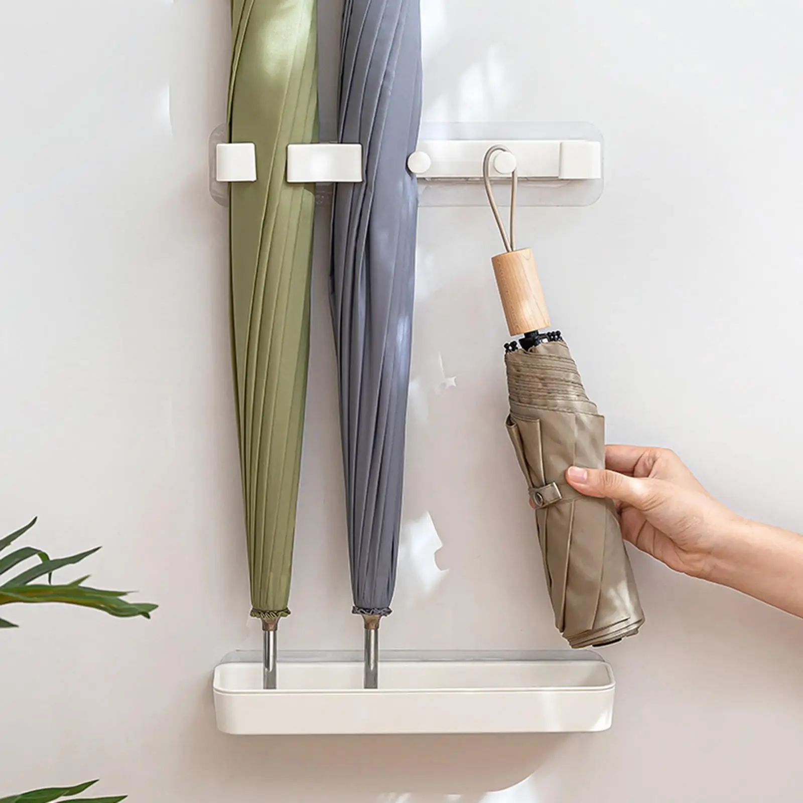 Wall Mounted Umbrella Rack Stand Convenient with Hooks Household Durable Detachable Dripping Water Tray for Indoor Entryway