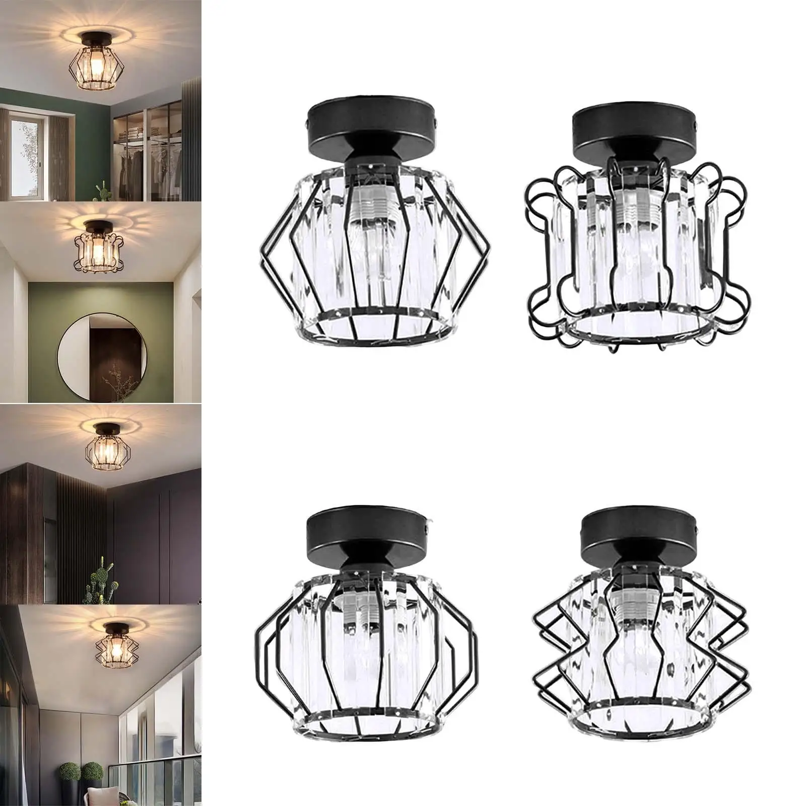 Nordic Style Crystal Ceiling Light Metal Caged for Office Entryway Kitchen