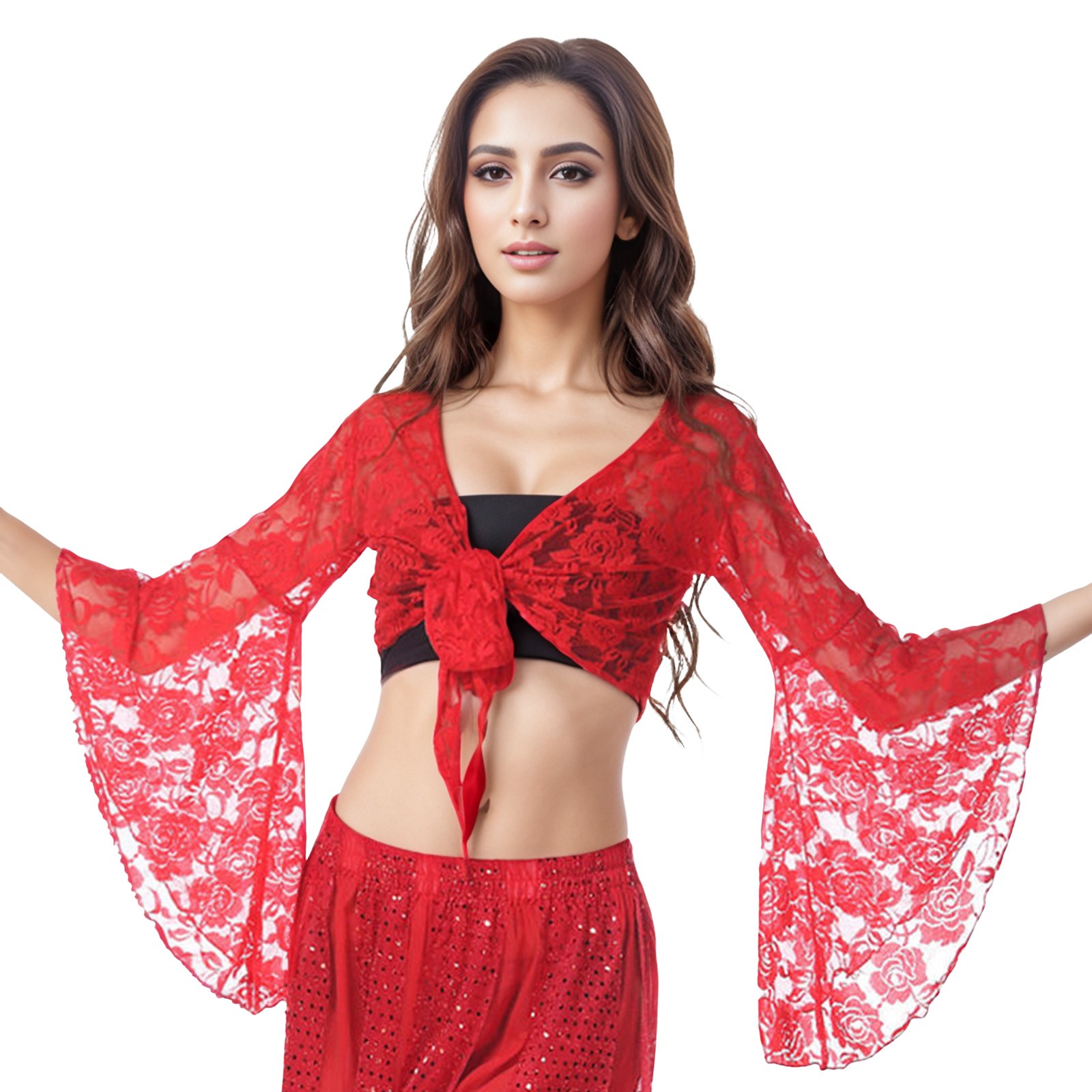 Description Picture 6 of itemWomen Belly Dance Costume Lace Tops Floral Long Sleeve Wrap Carnival Top Outfits Club Party Lace Long Sleeved Cardigan Shawl