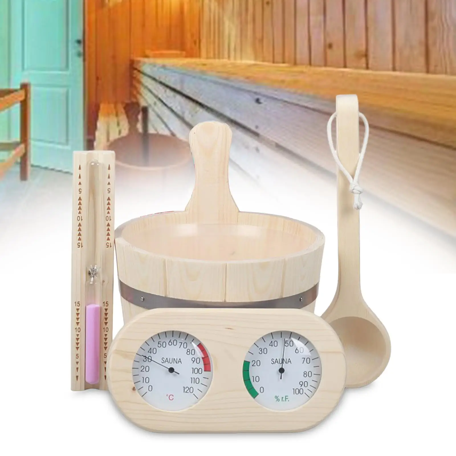 5Pcs Sauna Accessory Set Handmade 4L Wooden Sauna Bucket Hourglass Thermometer and Hygrometer for SPA Bathroom Steam Room Sauna
