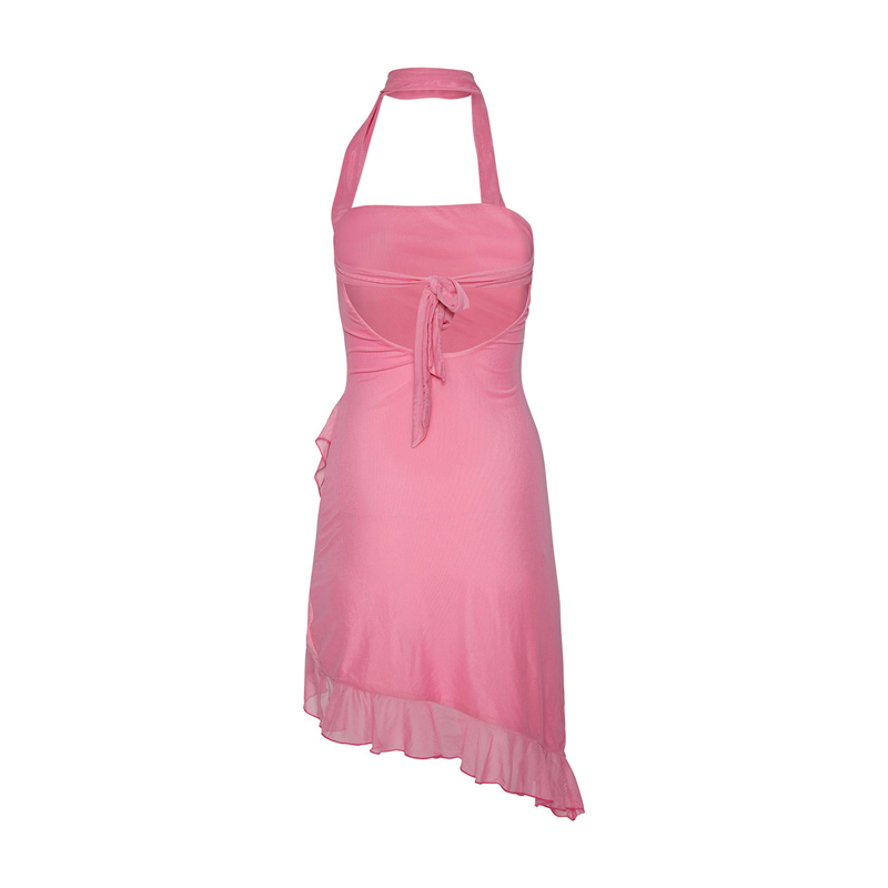 Ruffled Dresses for Women Summer Solid Color Sleeveless Halterneck Backless Irregular Hem Midi Dress y2k Party Dress