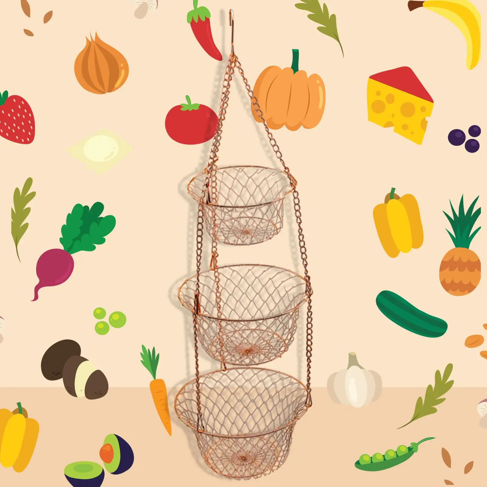 3 Tier Hanging Fruit and Vegetable Basket Heavy Duty Wire Fruit Organizer 3 Tiered Hanging Organizer Basket for Kitchen