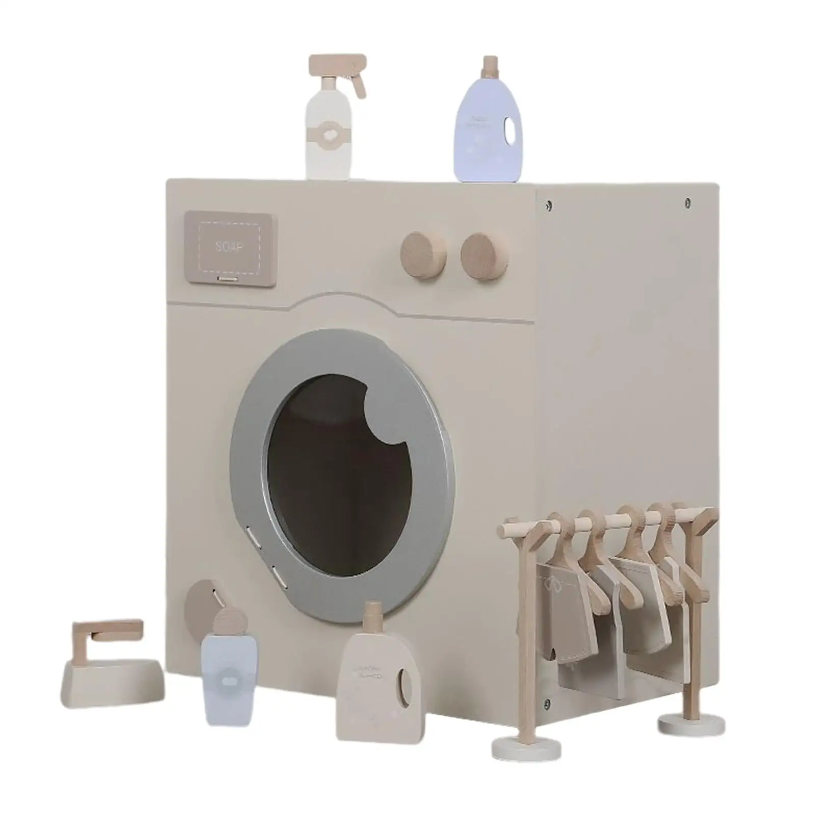 Wooden Washing Machine Set with Accessories Doll House Furniture Interactive Toy