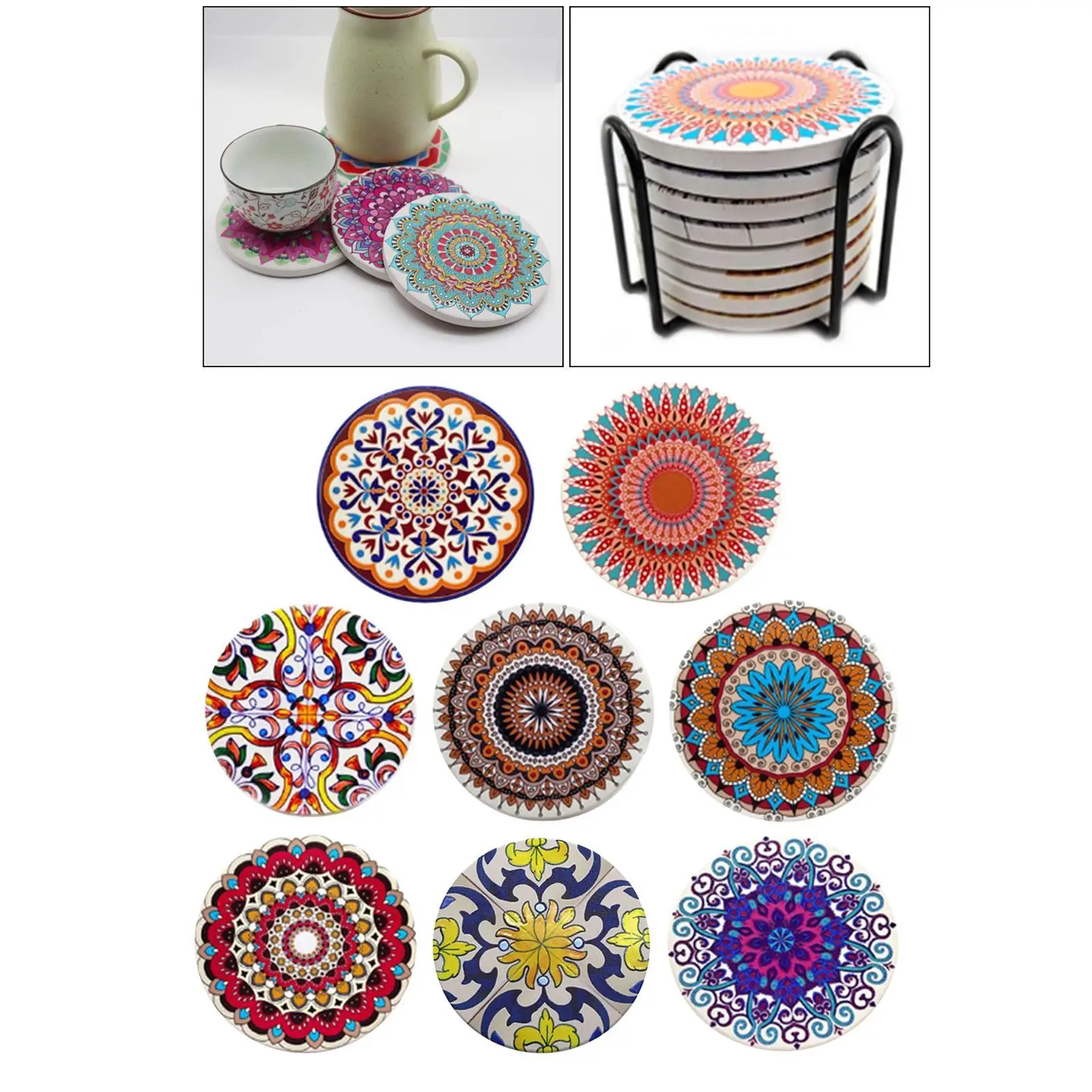 6/8pcs Ceramic Cork Base Round Coasters Tableware Mat w/ Storage Holder