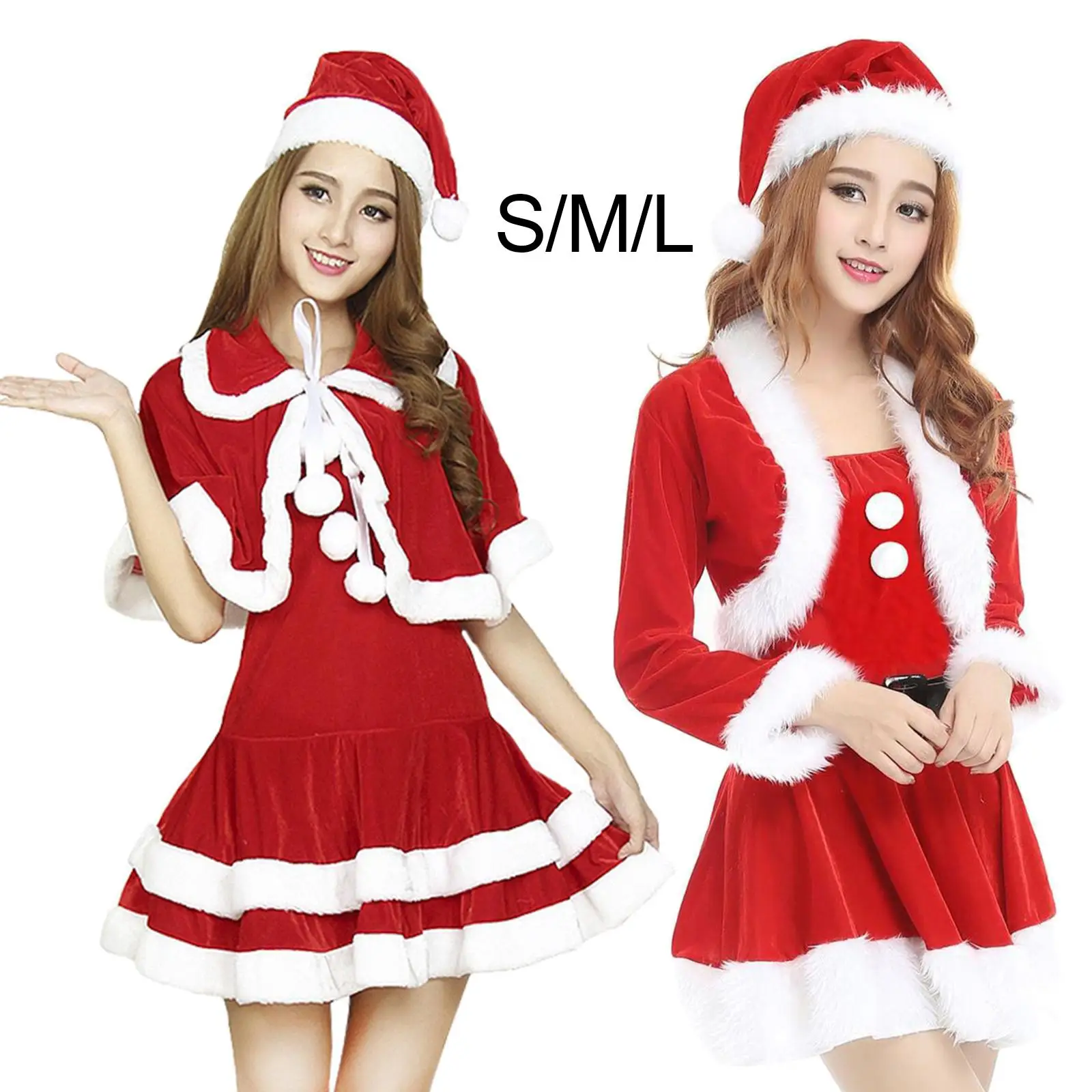 Women Santa Costume Outfit Velvet Dress Clothes Santa Hat Fancy Dress Suit