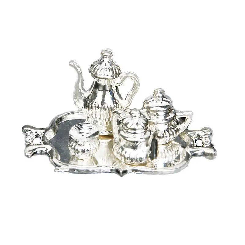 Dolls House Miniature Accessory Traditional Silver Tea Coffee Set Tableware 1/12