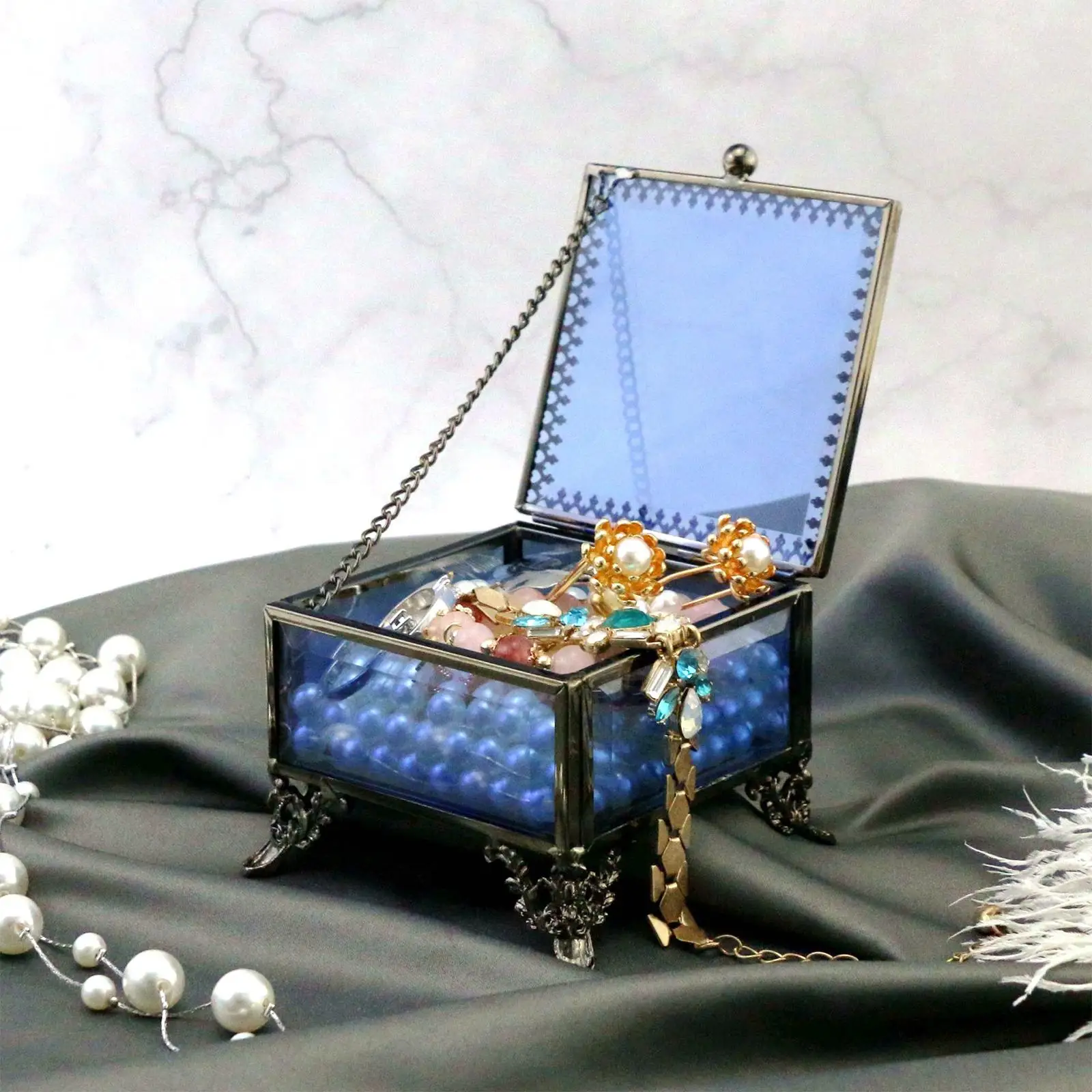 Square , Glass Jewelry Decorative Box,  Trinket Display Organizer Case Keepsake Box Gift for Women and Girls