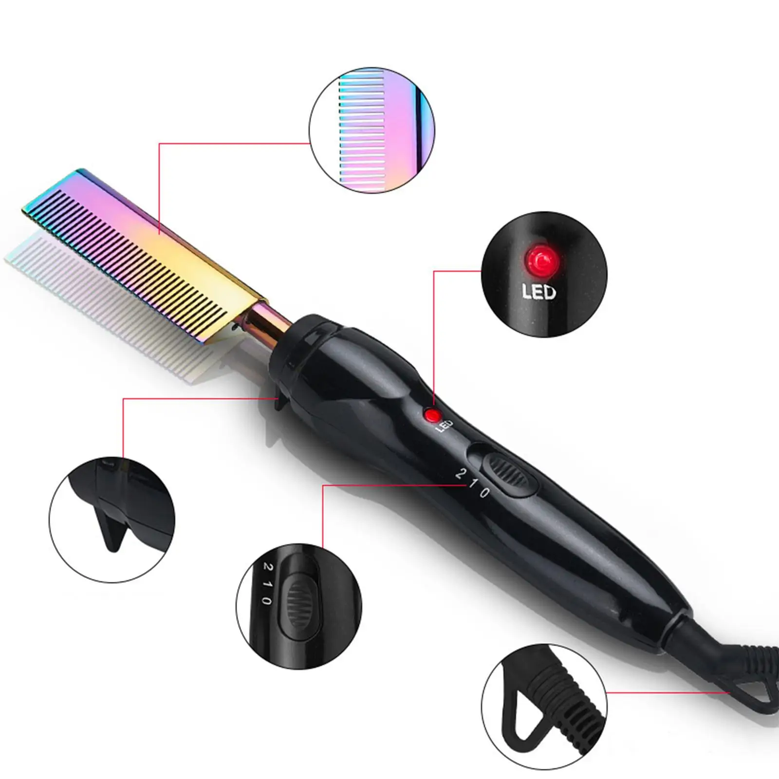 Hair Straightener Comb Brush 2-In-1 Adjustable Dual Use Automatically Straight Volume Comb US Plug Hair Styling Men Black Beard