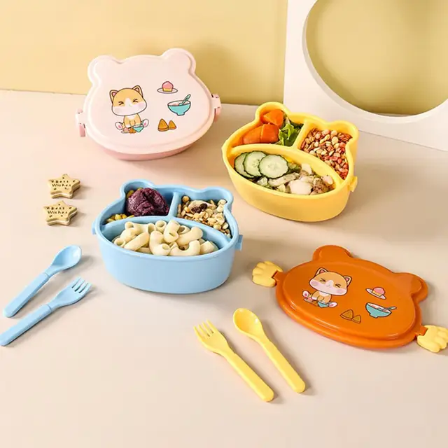 1 Set Bento Box Cartoon Shape Compartment Snap-design Good Sealing Kawaii  Kindergarten Children Lunch Box With Tableware