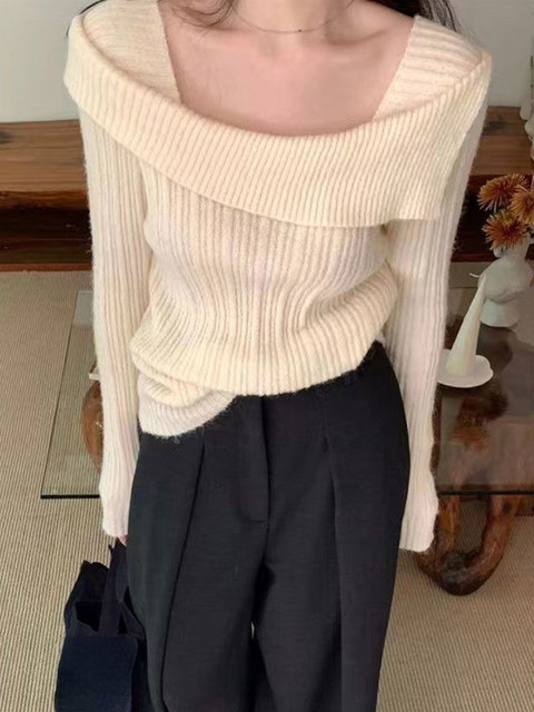 2022 Autumn Off Shoulder Knit Pullover Women Design Sweet Long