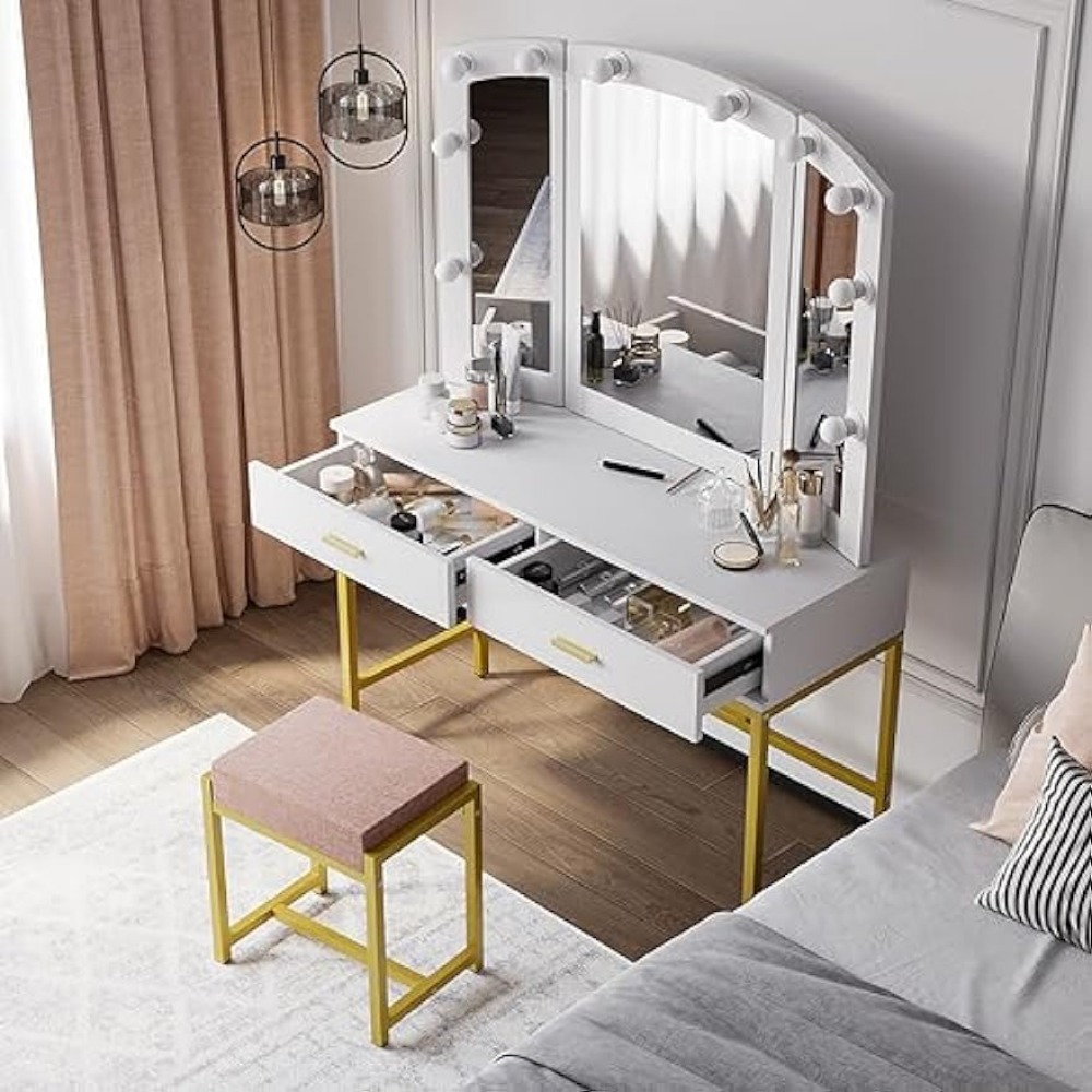 Description Picture 3 of itemMakeup Vanity Desk with Mirror and Lights, Dressing Table Set with 2 Drawers and Stool, Girls Vanity Table for Bedroom