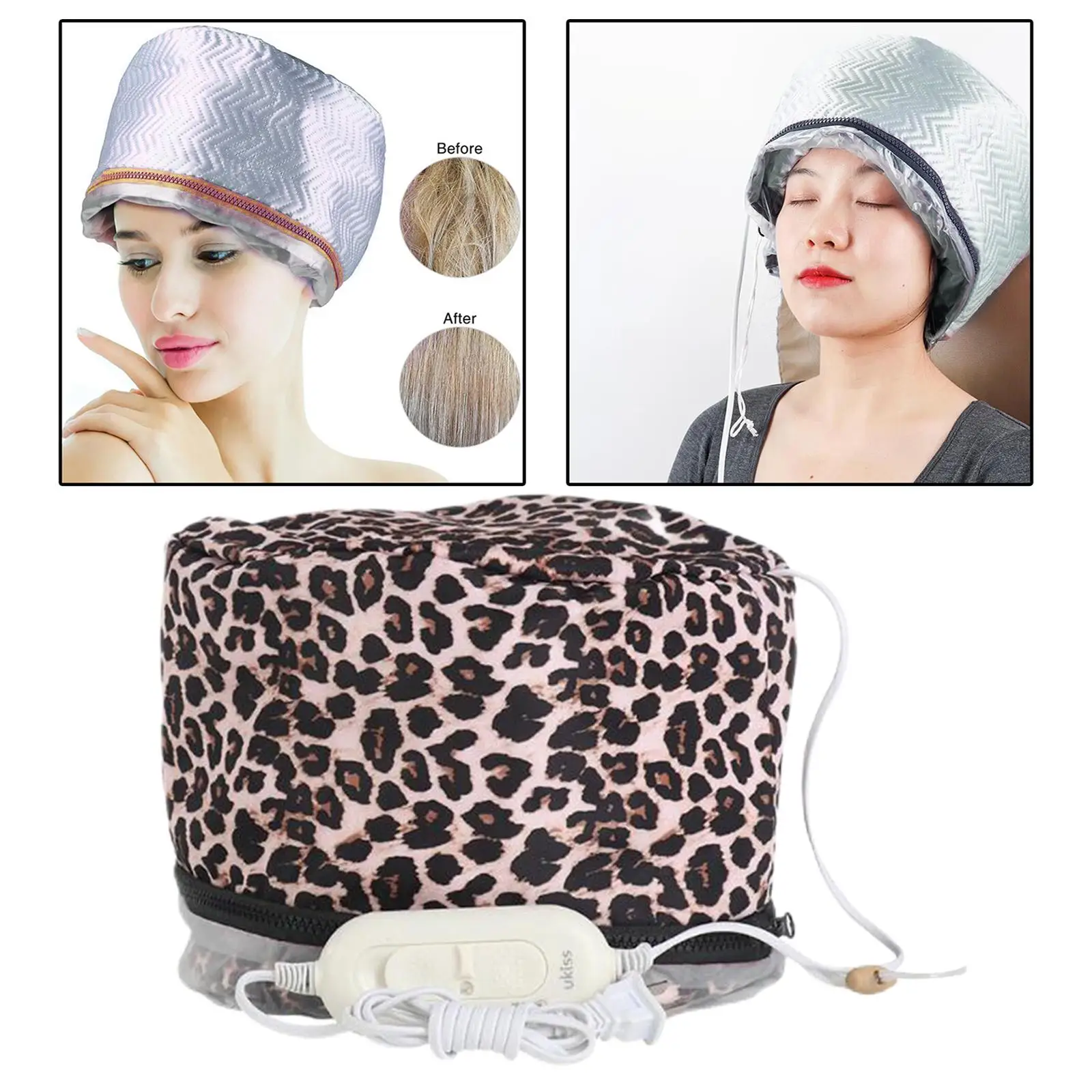 Hair Steamer Heating Hat Nourishing Moisturizing  Caps Adjustable Temperature Control, Home Use, Leopard Print Hair 
