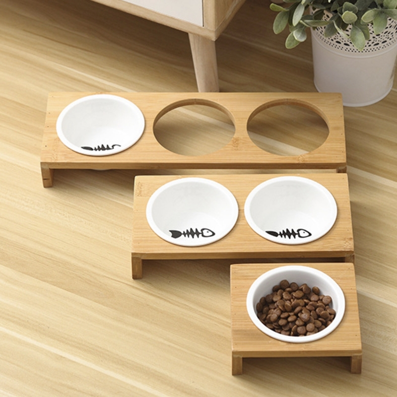 Title 2, Cat Food Bowl with Wood Holder Ceramic Feeder B...