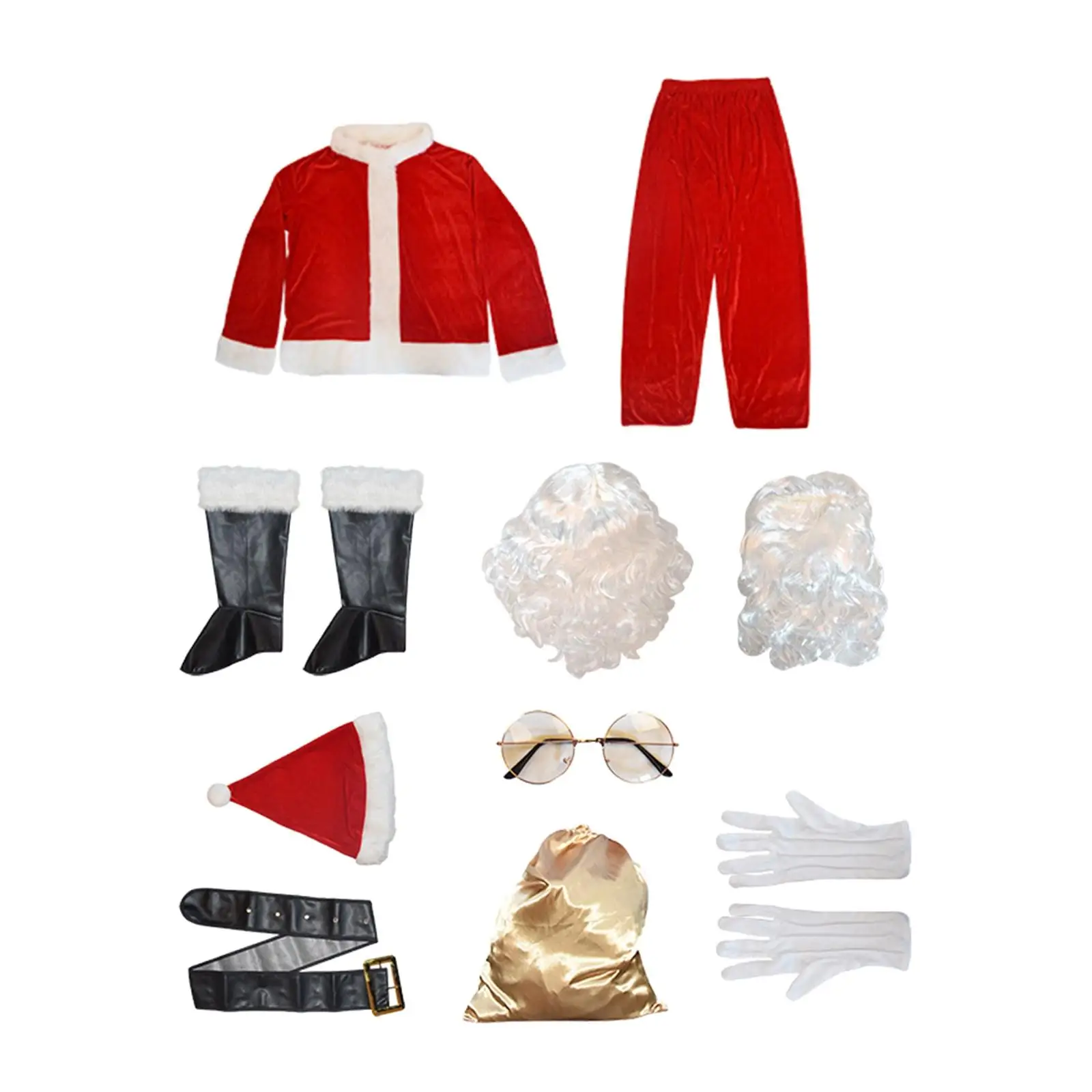 10Pcs Santa Claus Costume Wig Glasses Xmas suits Set Christmas Clause Outfit for Holidays Xmas Clothing Accessory Carnival Party