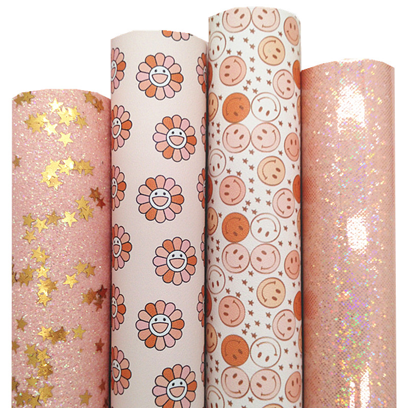 Description Picture 2 of itemShimmer Glitter Leather with Gold Stards Smiling Faces Printed Synthetic Leather Smooth Glitter Vinyl For Bow DIY 21x29CM Q1642