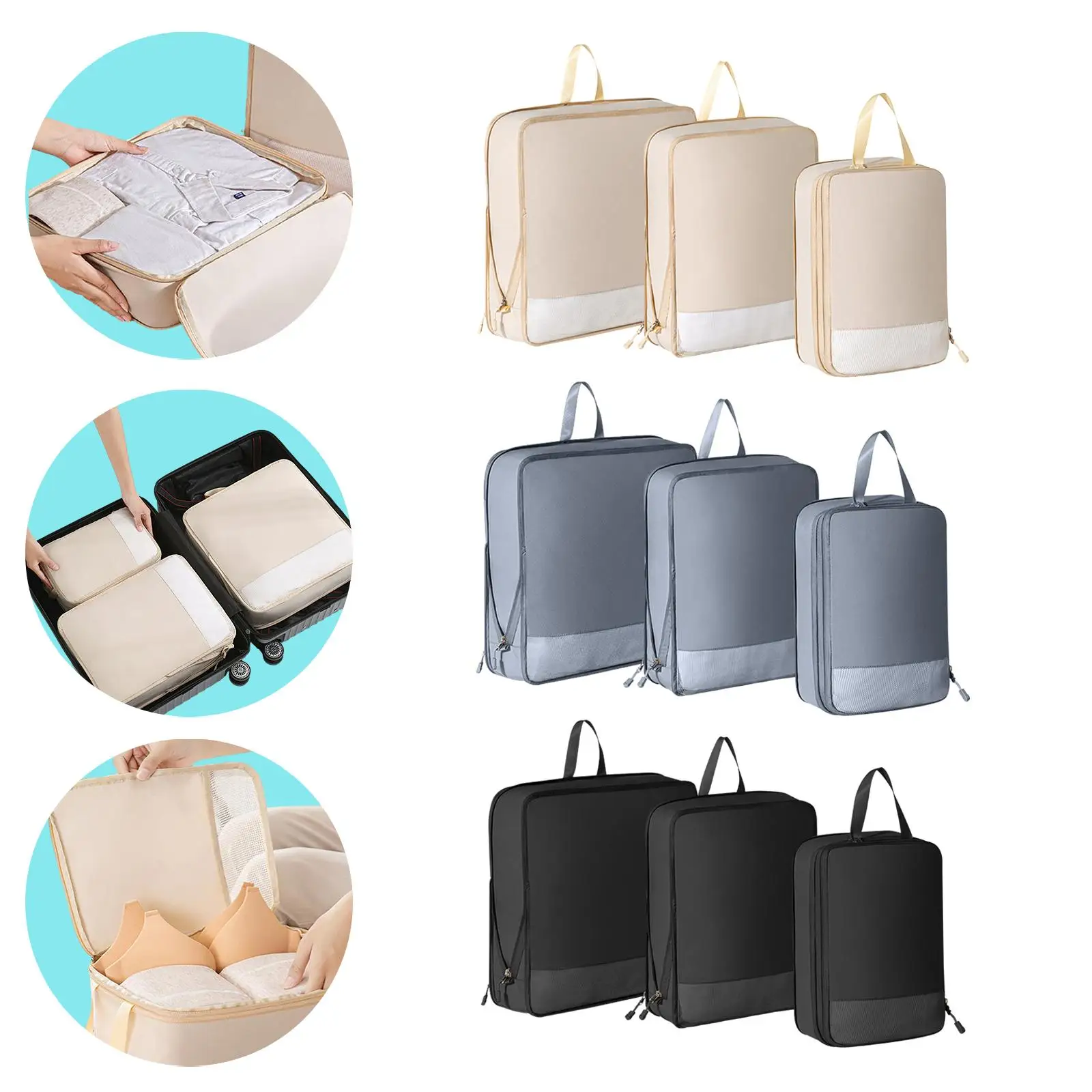 3 Pieces Compression Packing Cubes Set Luggage Packing Organizer Wardrobe Organizers Bags for Daily Use Travel Accessories