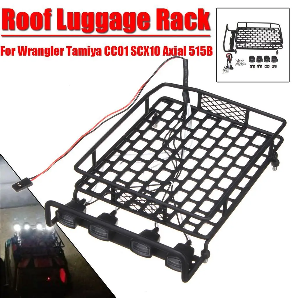 Luggage Roof Rack with 4 LED Light Bar for 1:10th RC Vehicles Rock Crawler Rally