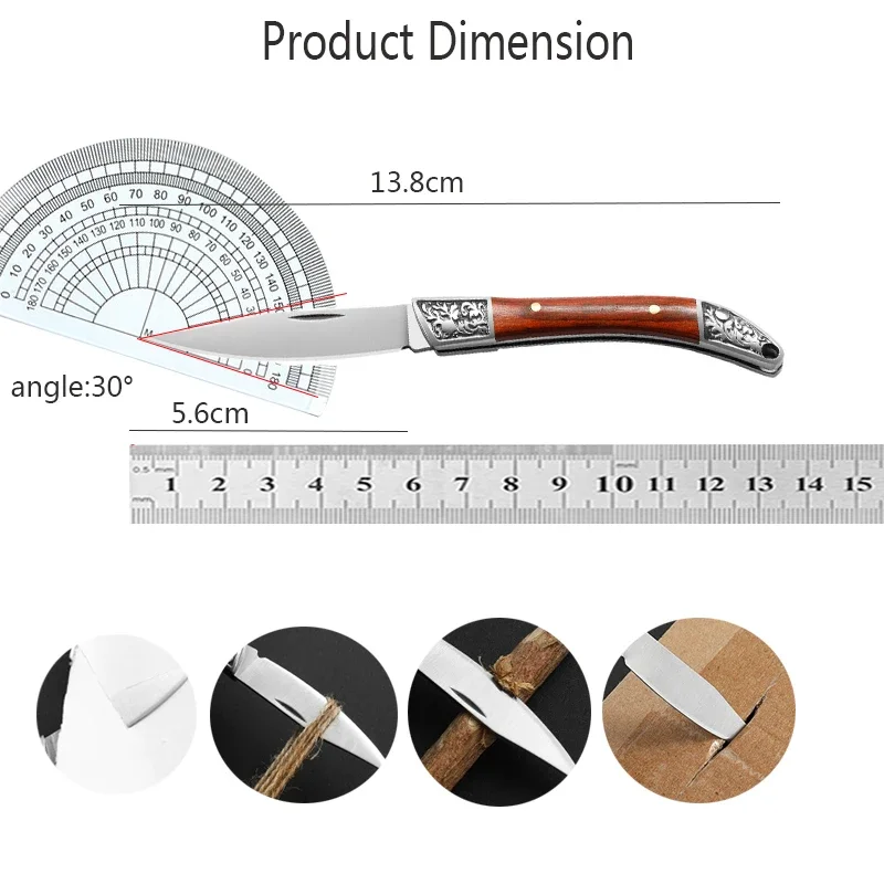 Description Picture 3 of itemStainless Steel Folding Pocket Knife Fruit Knife with Wooden Handle Multifunctional Knives for Easy Carrying Kitchen Knives