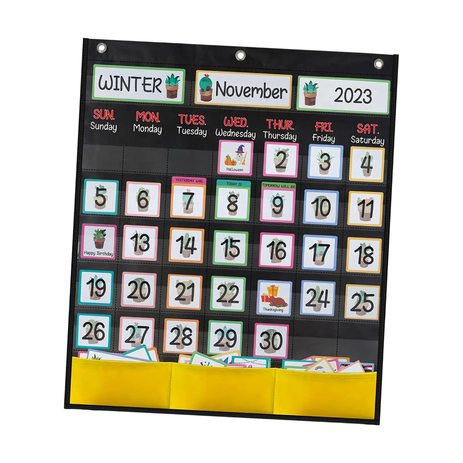 Calendar Pocket Chart Festival with 89 Cards, 3 Hooks Today Tag card Classroom Organized Chart for Homeschool Preschool