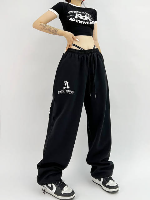 Harajuku Graphic Wide Leg Sports Pants Hip Hop Gothic Black