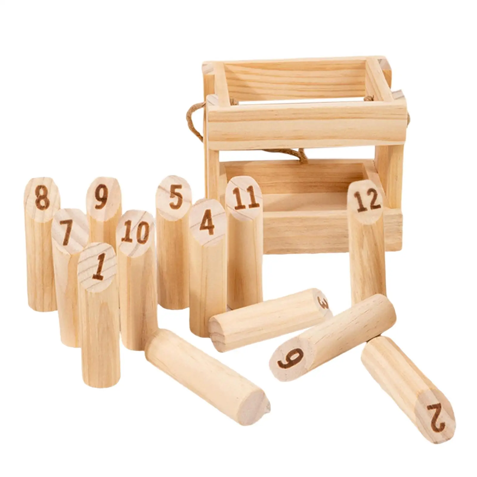 Wooden Tossing Game Throwing Bowling 12 Pcs Numbered Pins Premium Hardwood for