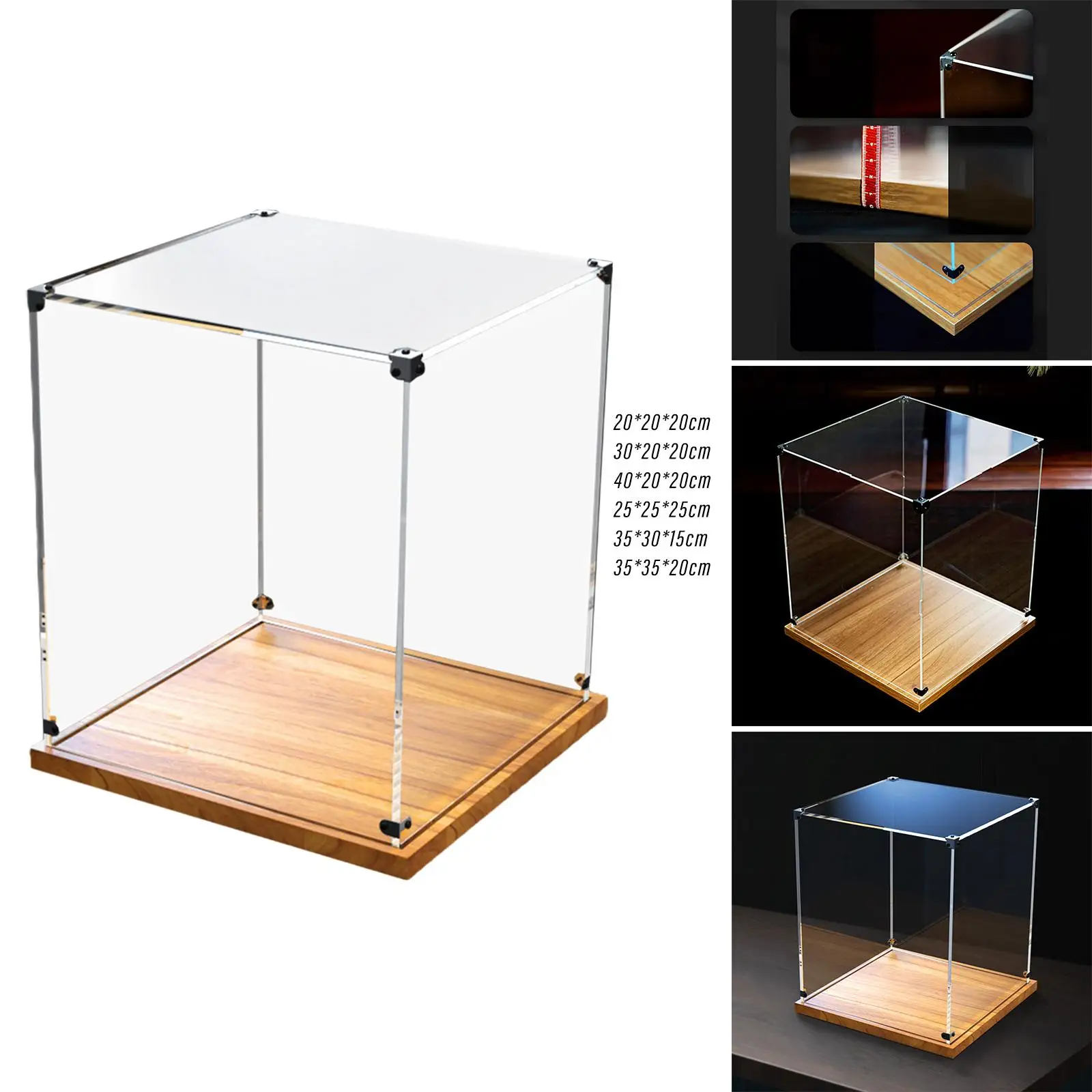 Transparent Display Case Decorative with Wooden Base Storage Organizer for Action Figures Countertop Bookshelf Model Bedroom