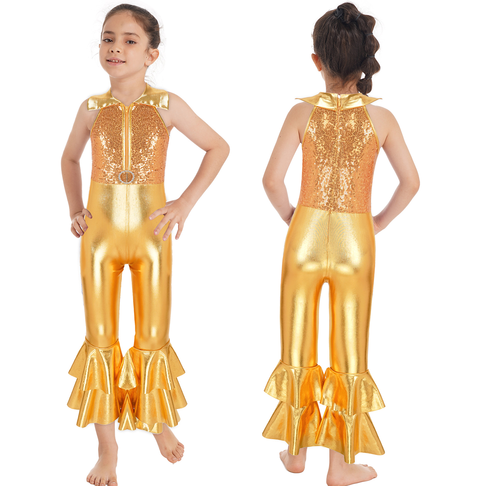 Kinder Mädchen Pailletten Ballett Gymnastik Trikot Vintage Party Hippie Kostüm Disco Diva Tanz Leistung Overall Glocken boden – Detail 20