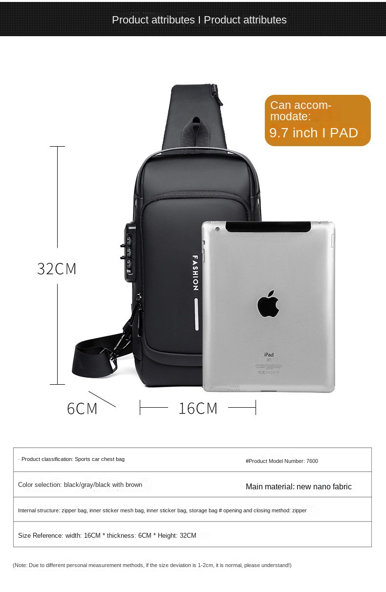 Crossbody Bag Fashion Sports Charging Combination Lock Messenger Bag Men's Functional Trendy Cool Shoulder Bag_voghion.com