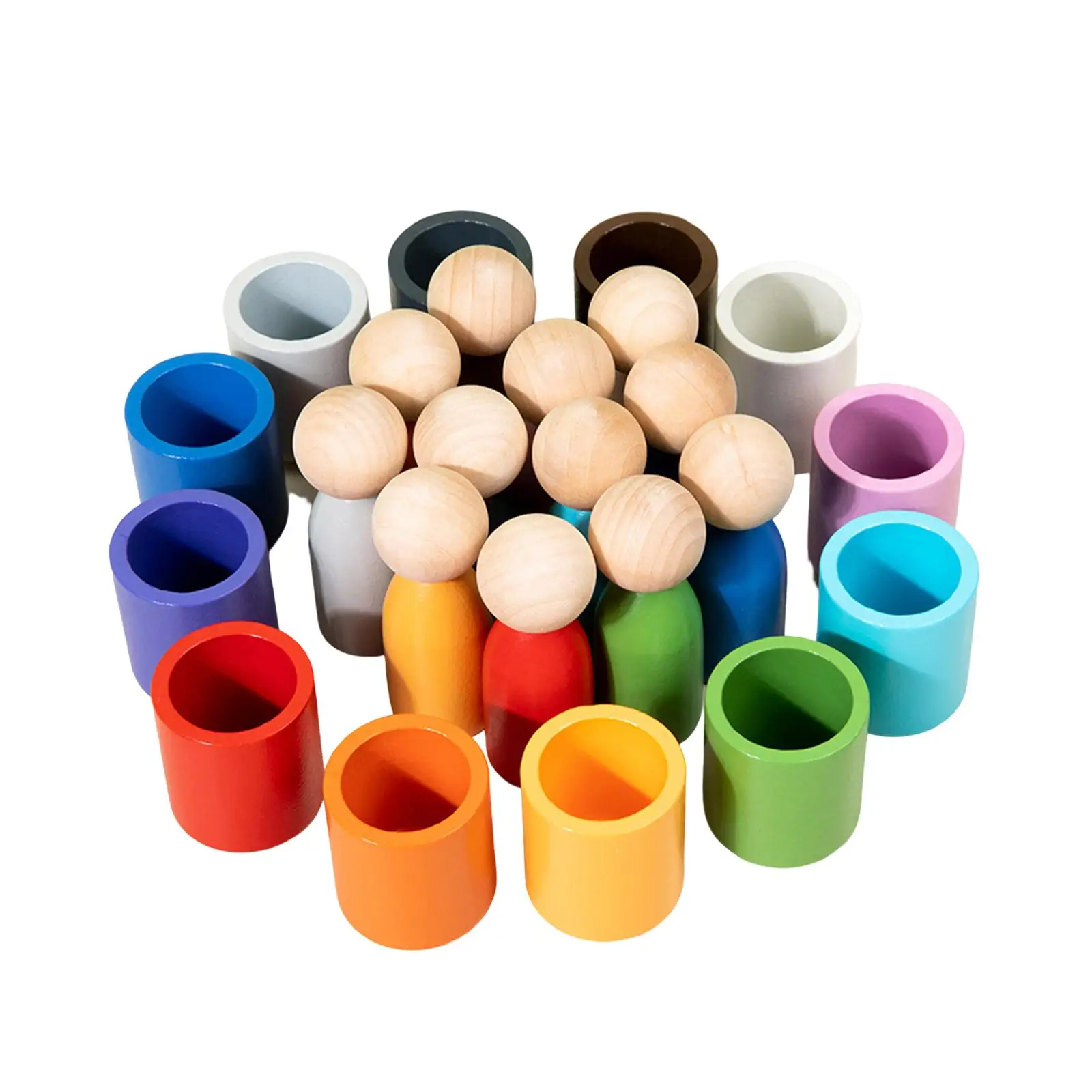 Wooden Peg Dolls in Cups Color Sorting Peg Dolls for Toddlers