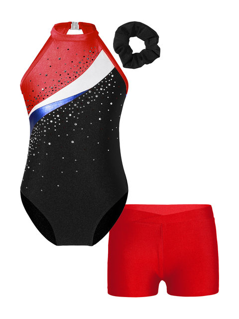 Kids Girls Sleeveless Gymnastics Leotards With Workout Shorts