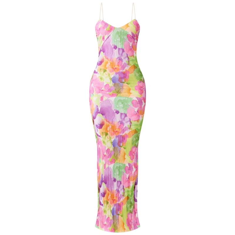 Vestido plisado para mujer, estampado floral/tie-dye/color liso, tirantes finos, sin mangas, para salir y fiestas.