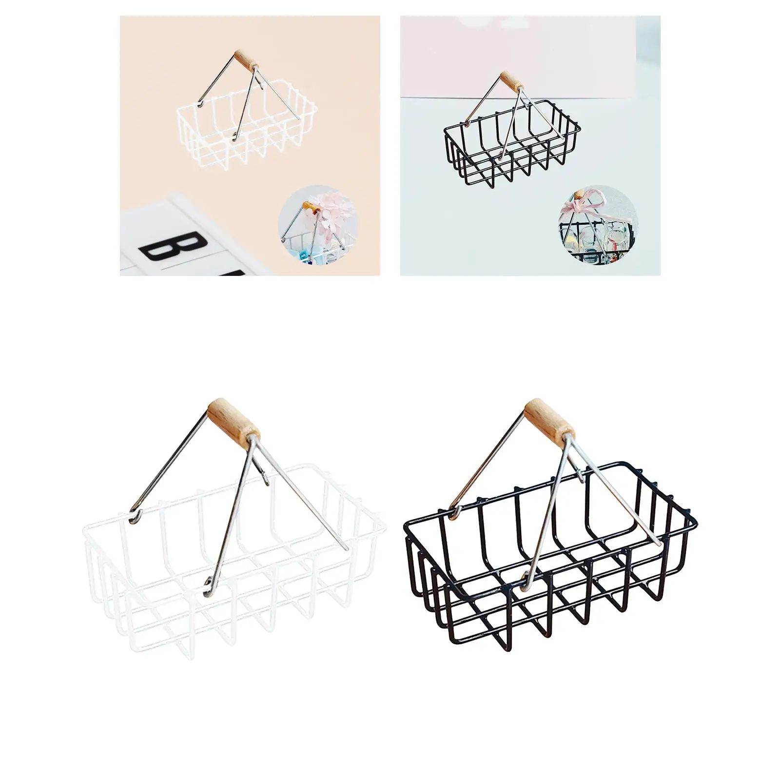 1:8 1:6 Miniature Alloy Storage Basket Dollhouse Shopping Basket with Handles for Living Room Scenery Supplies Decoration