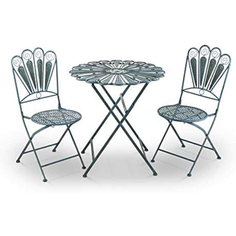 Description Picture 4 of itemAlpine Corporation Indoor/Outdoor 3-Piece Peacock Feather Rustic Metal Bistro Set Patio Seating, Light Blue, 30 Inch Tall