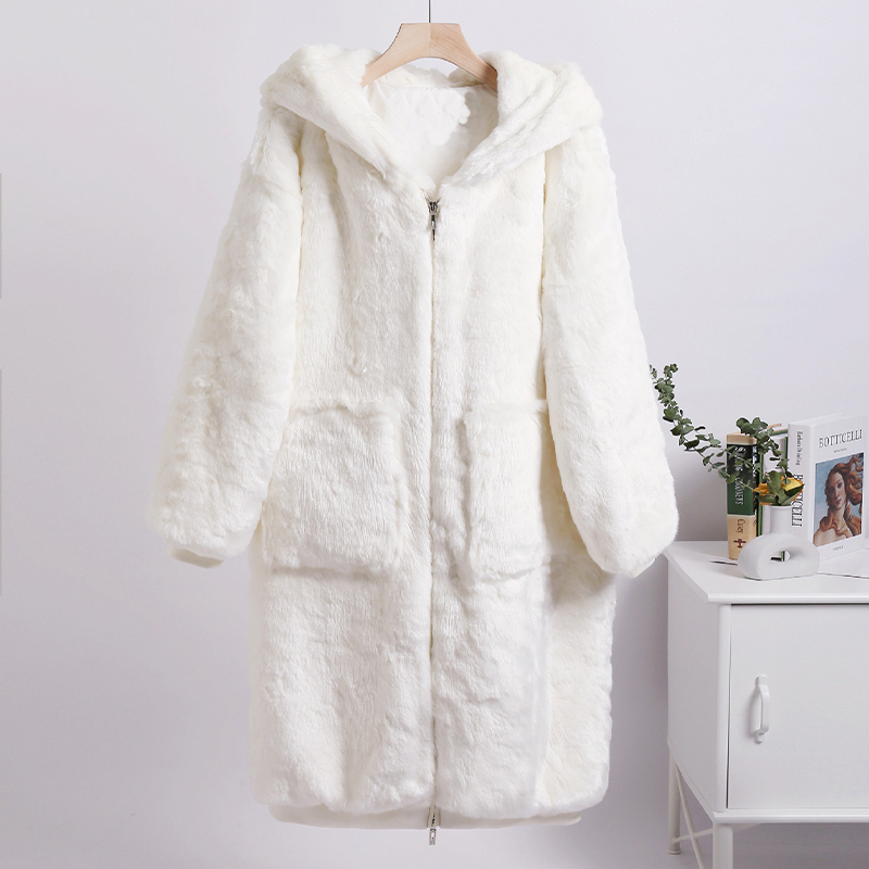 Winter Fashion Runaway Luxury Brand Long Faux Fur Coat Women Jacket Zip Hooded Thick Warm Fake Rabbit Fur Plush Overcoats