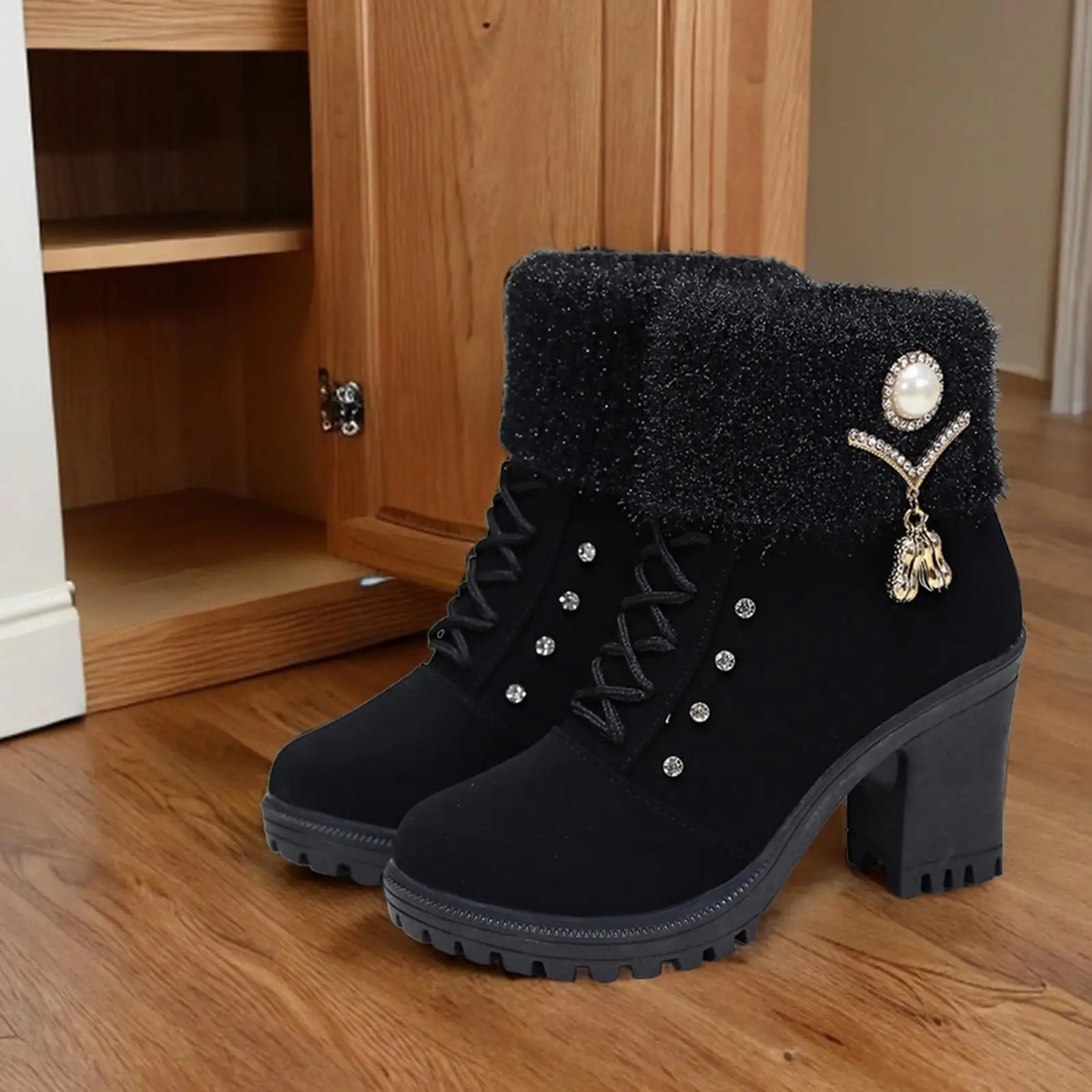 Women Winter Boots Side Zipper Fashion High Heeled Short Boots for Dresses Casual Chunky Heel Cold Weather Dressy Ankle Booties