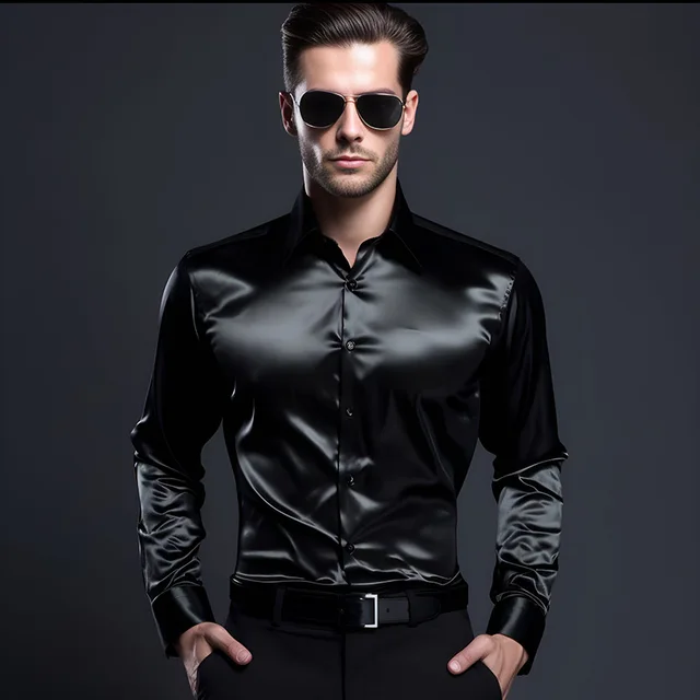 Men Long Sleeve Business Formal Casual Tops Classic Faux Satin Silk Dress  Shirt